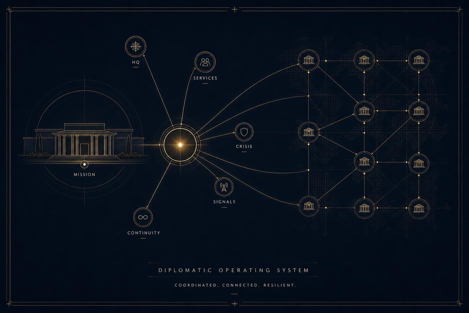 An editorial diagram of a modern embassy as a digitally enabled field node — a refined abstract mission silhouette connected through a gold coordination core to HQ, services, crisis, signals and continuity nodes, with a structured network of allied missions on the right.