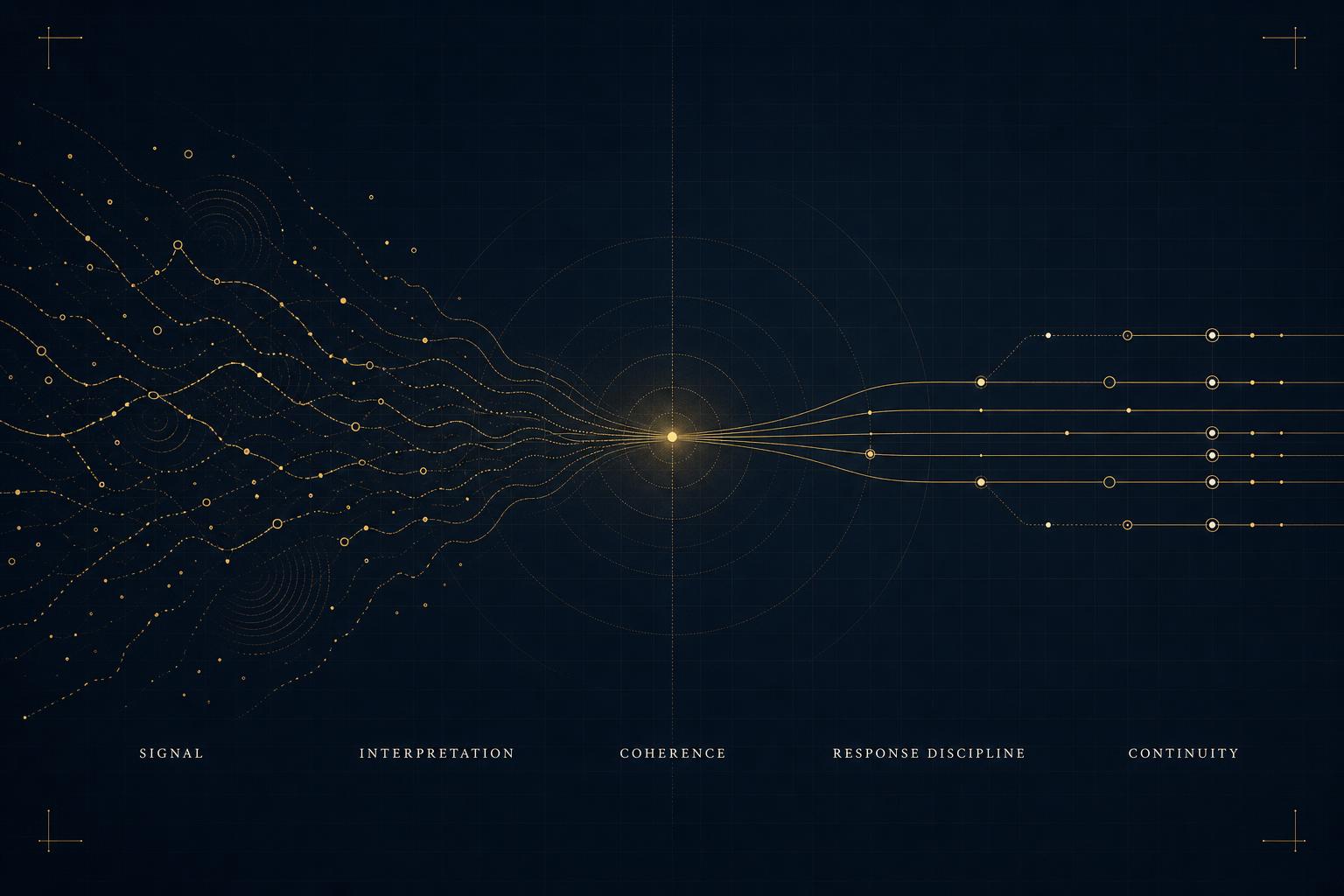 An editorial diagram showing fragmented narrative signals on the left converging through a refined central focal point into coordinated, structured lines on the right — a visual study of institutional judgment under pressure.